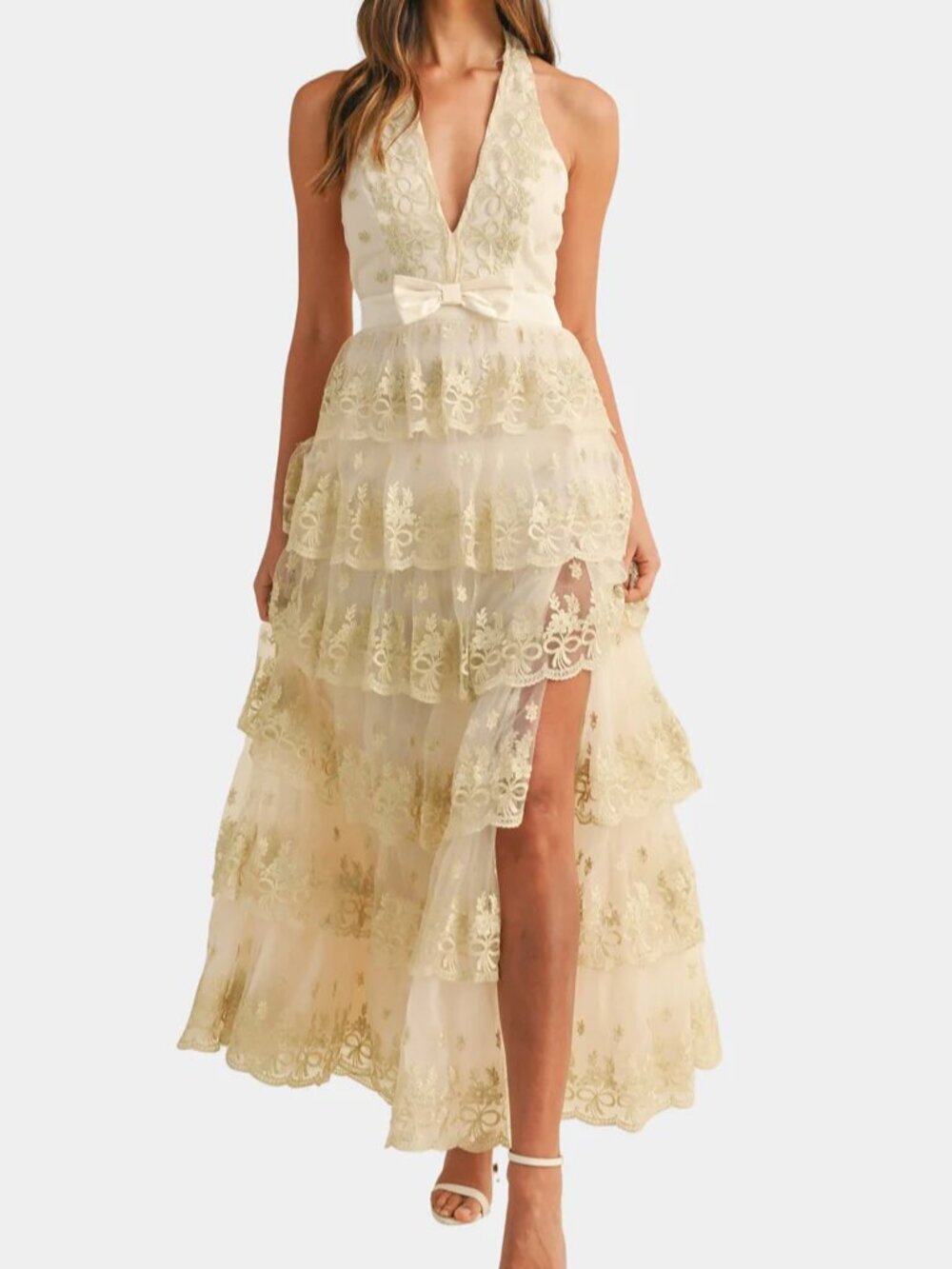 Mable Homecoming Prom Formal Dress Halter Neck Open Back Embroidered Shimmer